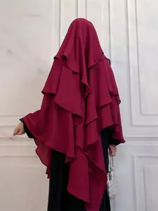 Women's Solid Ruffle Trim Tiered Layer Chiffon Hijab, Modest Fashionable Instant Hijab for Daily Wear, Women's Islamic Clothing for Summer