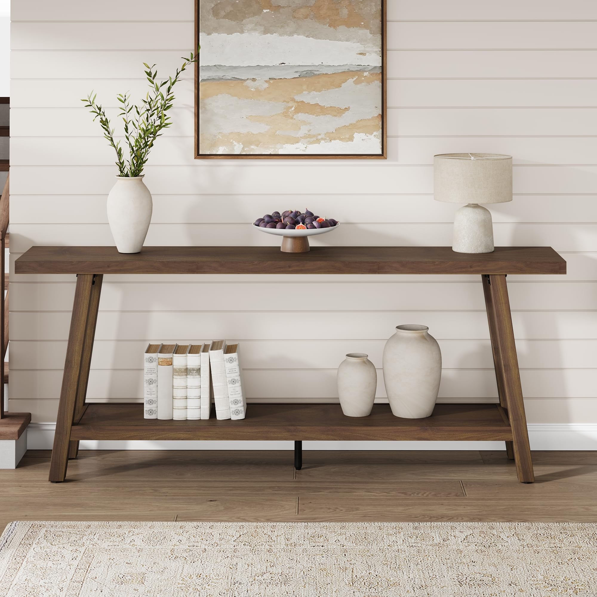 70.87 in Extra Long Farmhouse Console Table Entryway - Heavy-Duty 2-Tier Narrow Rustic Vintage Brown Engineered Wood Sofa Foyer Stand, 350lb Capacity with Natural Grain for Entryway, Living Room, Entryway Console Table