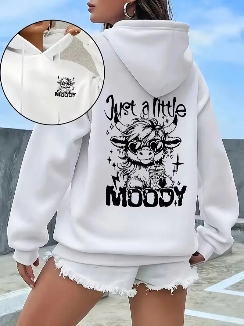 Just A Little Moody Highland Cow Dual‑Side Print Cotton Outer Fleece Lined Hoodie, Funny Retro Cartoon Casual Pullover Hooded Sweatshirt, Daily Holiday Gift