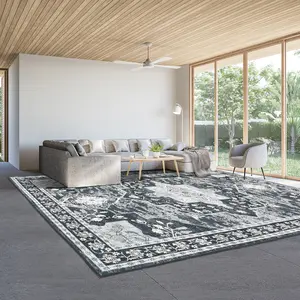 Washable Area Rug Bohemian Style Rug Faux Cashmere Soft Rug Distressed Floral Rug Home Decor Rug for Living Room Dining Room Office Farmhouse Kitchen,Black