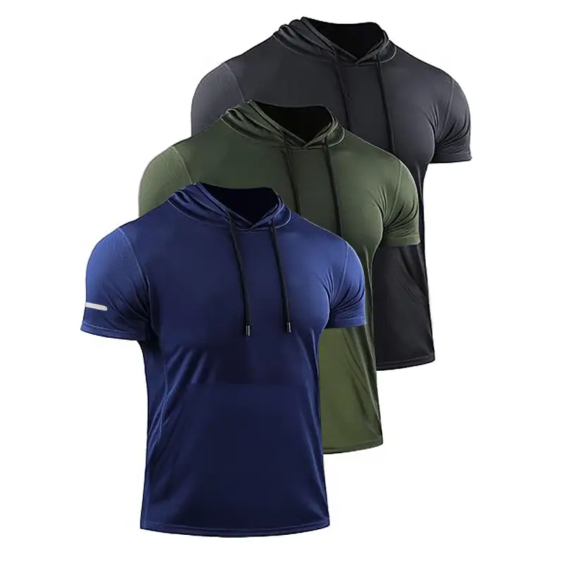 Men's 3-Pc Short Sleeve Hoodie Set Quick Dry Moisture-Wicking Mesh Athletic T-Shirts for Gym Workouts & Running