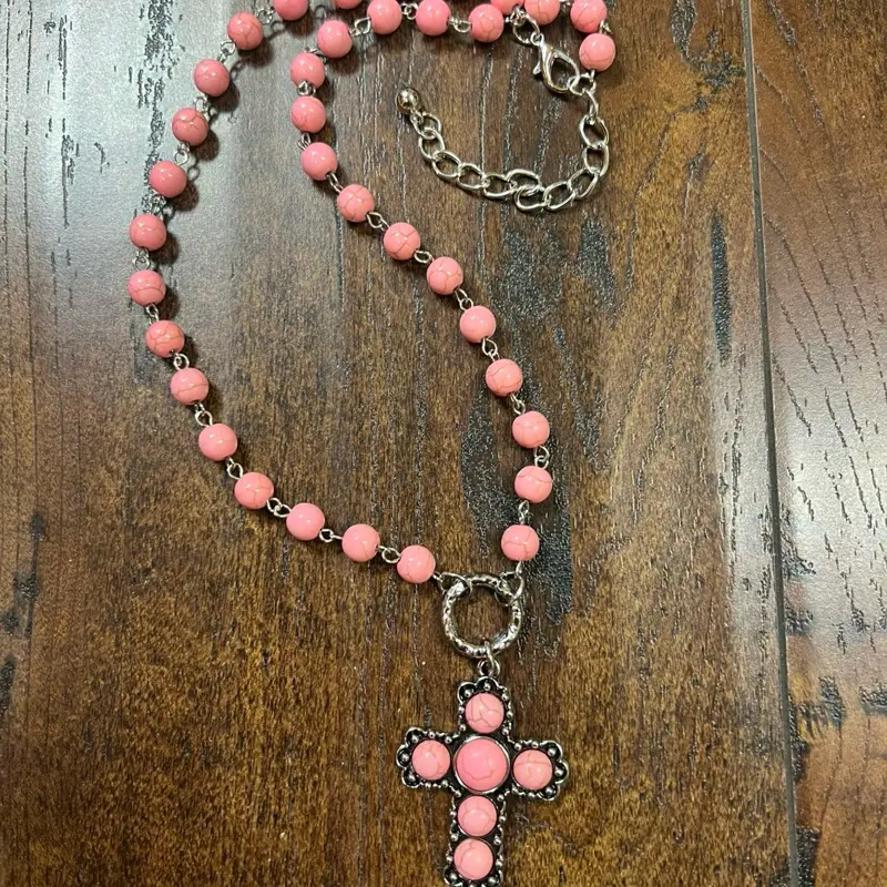 Western Cowgirl Light Pink Beaded Necklace with Cross Pendant
