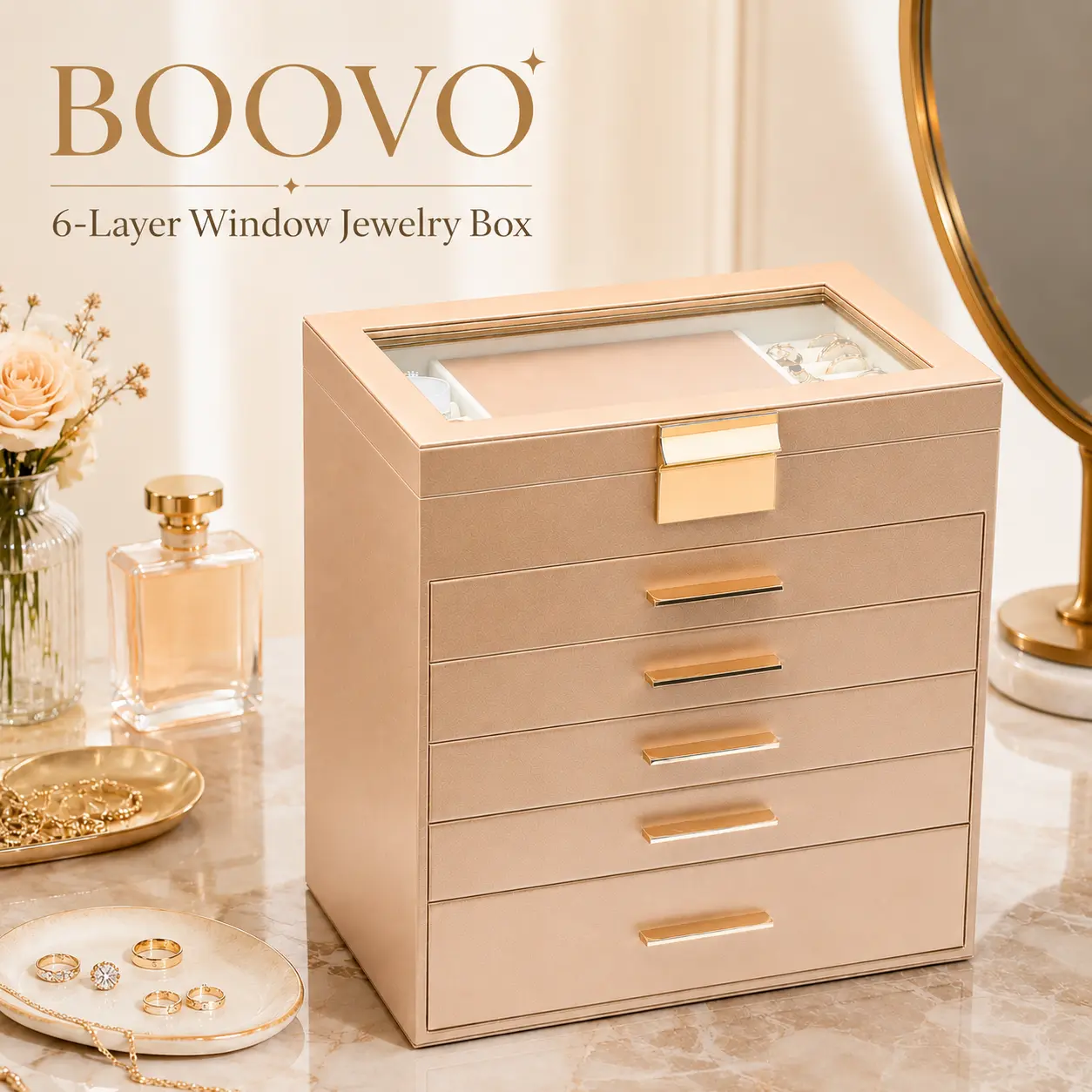 BOOVO (Champagne Glod) 6-Layer Large Jewelry Organizer Box - PU Leather Jewelry Storage Box with Glass Lid & Mirror, Velvet-Lined Holder for Necklaces, Rings & Earrings, Perfect Birthday Gift for Mom, Wife, Girlfriend & Daughter