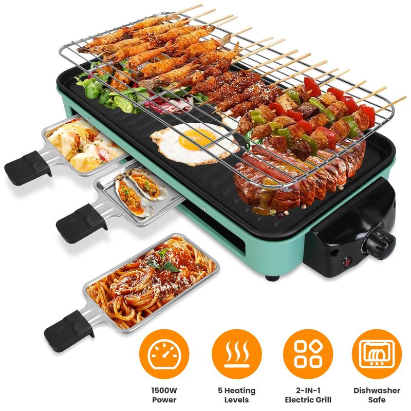 1500W Electric Indoor Grill 2-in-1 BBQ with Grill Net Removable Plate 5 Temp Control 3 Trays Dishwasher Safe for Indoor & Outdoor Parties