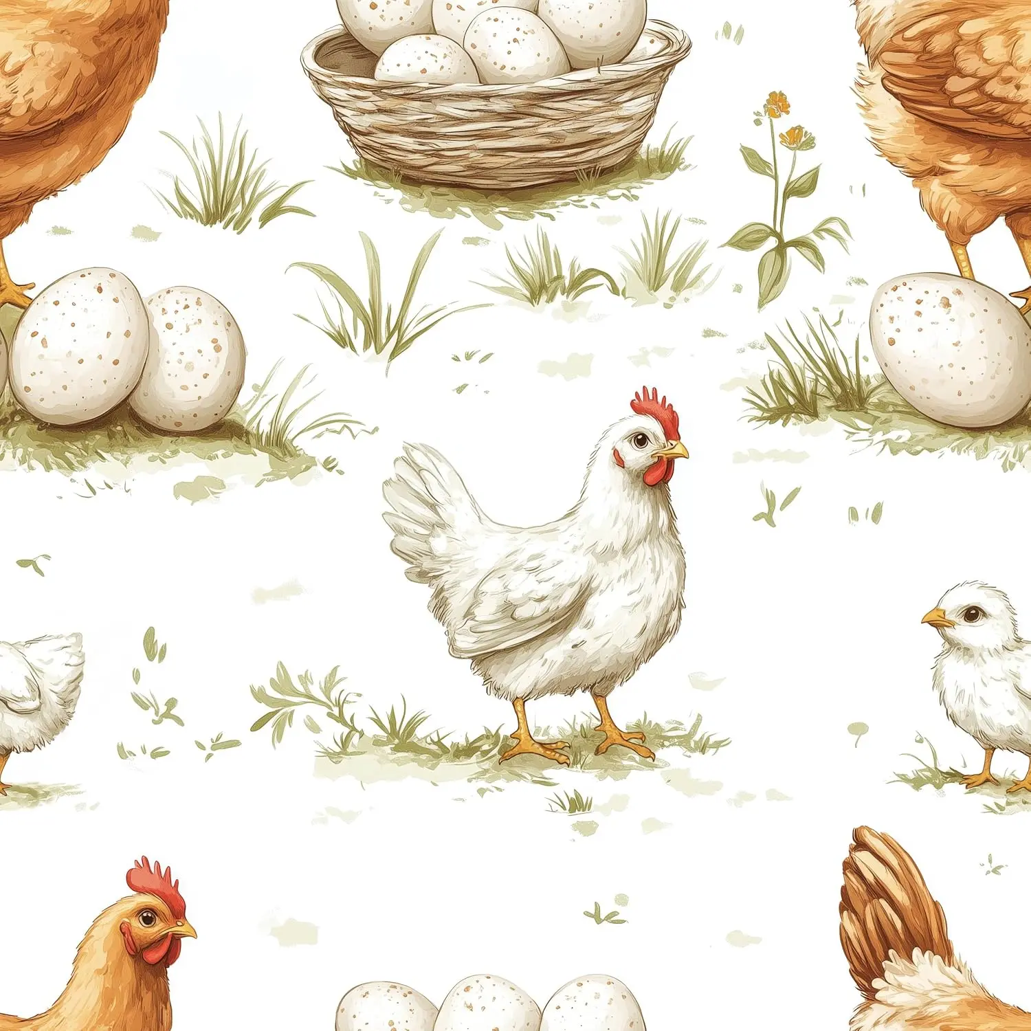 LACHEERY 17.5"x275" Brown White Chicken Peel and Stick Wallpaper Farmhouse Chick Hen Egg Grass Cottage Core Wallpaper Peel and Stick Chicken Contact Paper