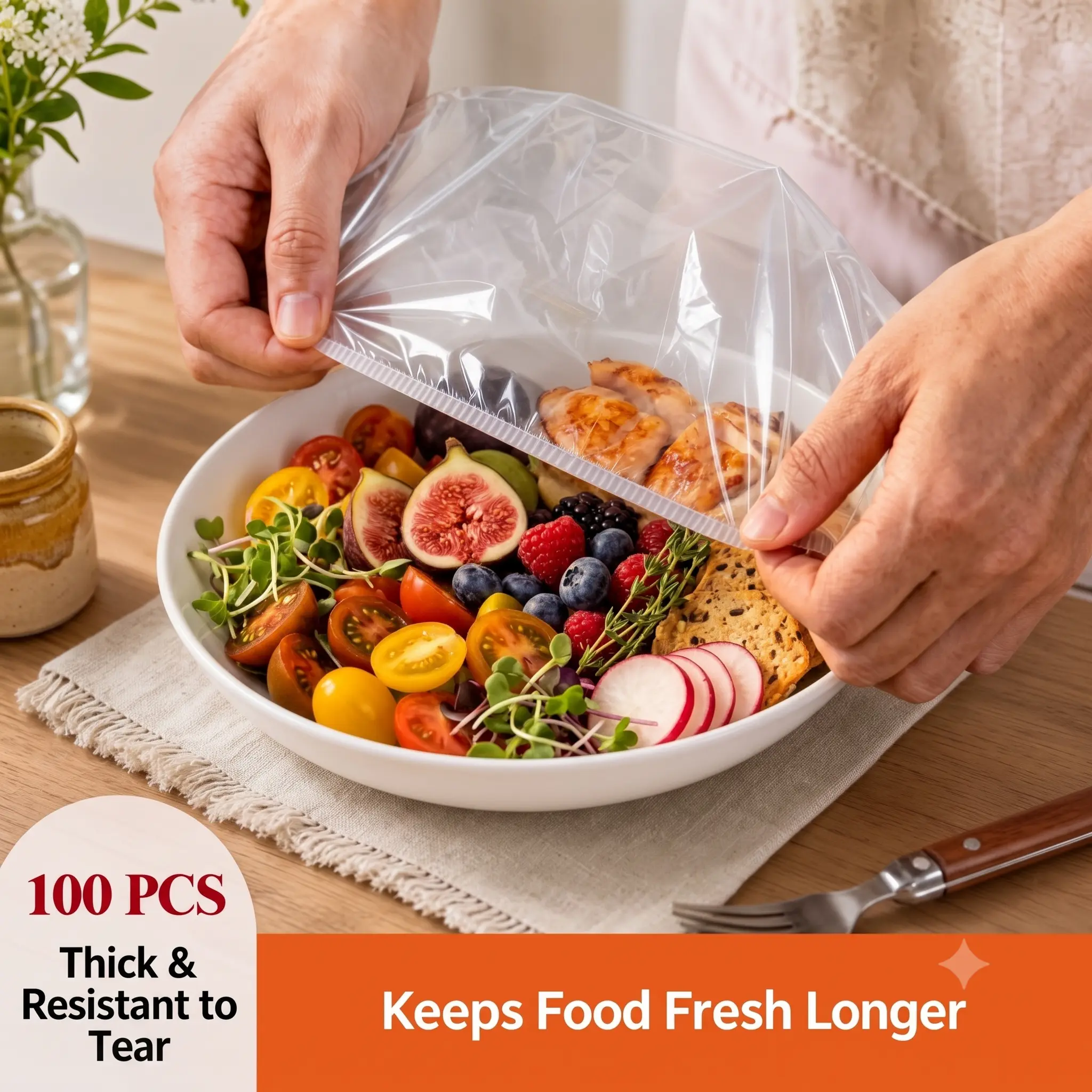 Disposable Food Covers, Plastic Bowl & Plate Covers, Food-Grade PE Elastic Stretch Wraps, Fresh-Keeping Covers for Leftovers, Fruits, Vegetables, Kitchen, Picnics & BBQ