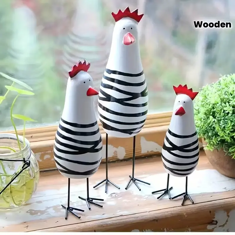 Wooden Rooster Figurines Set of 3, Cartoon Chicken Carving Decorations, Indoor Outdoor Use, Perfect for Thanksgiving Valentine's Day Mother's Day