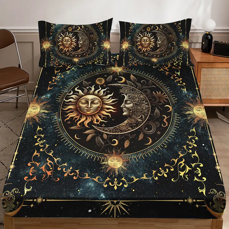 Luxury Black Gold Sun Moon fitted Sheet Set (1 fitted  Sheet + 2 Pillowcases ,Without Pillow Core), Home Dormitory High-Definition Digital Printing, Unlocking Vintage Mystical Sleep Aesthetic Microfiber Bedding bed sheets Boho Bed Set Microfiber Bed Sheet
