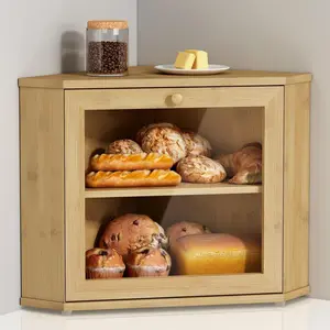 Corner Bread Box for Kitchen Counter, 2 Tier Bread Keeper Wooden Round, Farmhouse Bread Storage Bin for Kitchen Countertop, Counter Organizer for Bread, Cup, Fruit, , Snack