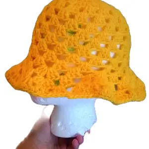 Gold Granny Square Bucket Hat - Yellow Crocheted Design for Unique Style