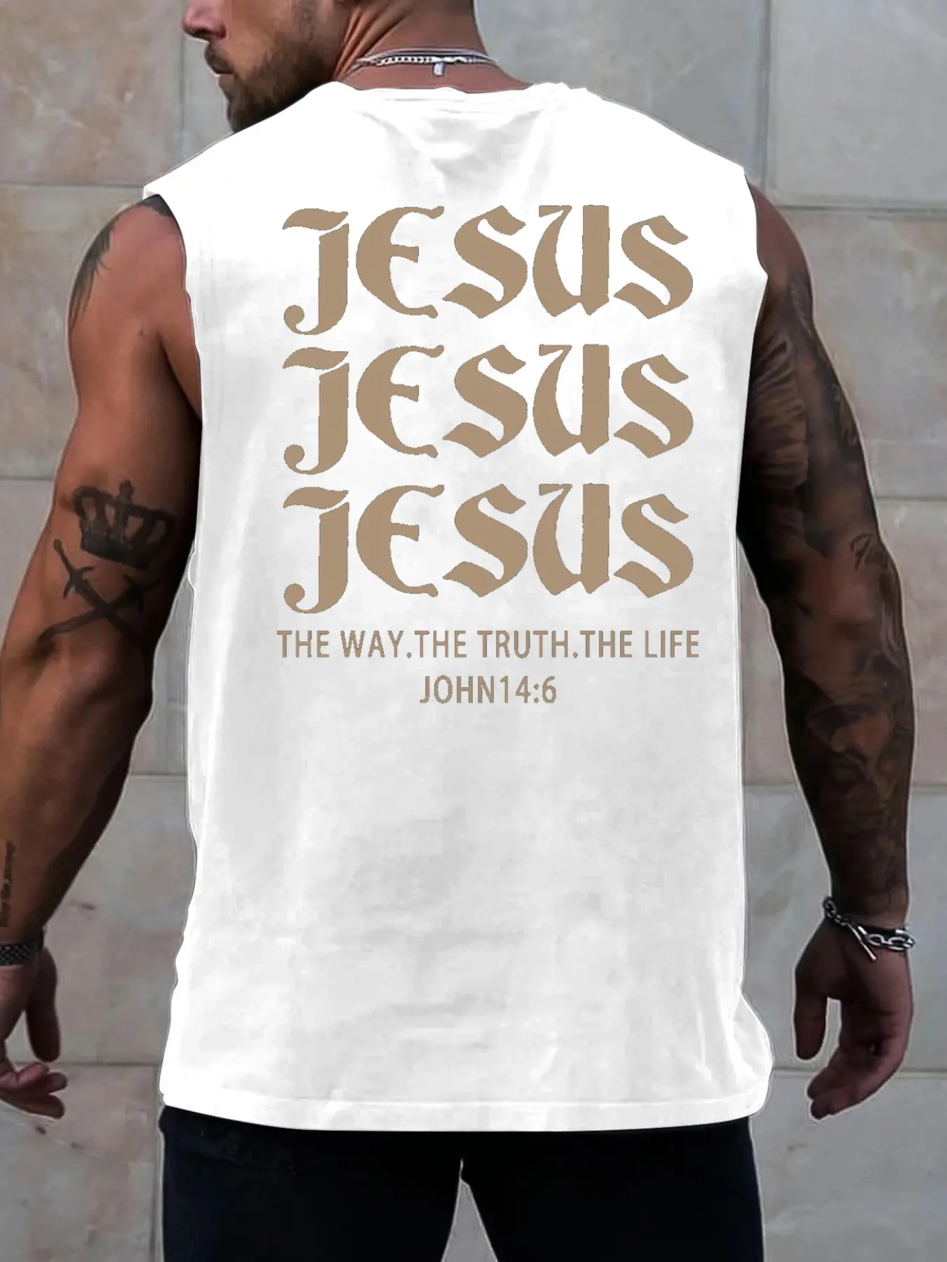 Men's Jesus Print Sleeveless Vest, Loose Fit, Exposed Arm Lines, Street Style, Faith Aesthetic, Hardcore Sports, Must-Have Item, Letter Print Tank Top