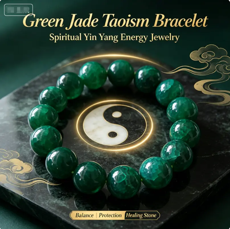 Natural Dark Green Crackled Look Jade Beaded Bracelet - Taoist Spiritual Healing Stone Jewelry for Wealth & Health Protection, Positive Energy Lucky Wrist Accessory for Men, Unisex Names