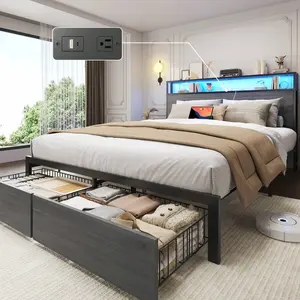 Queen & Full Bed Frame With Storage, 2-Tier Storage Headboard & Built-In Drawers, Metal Platform Bed With USB Charging Station & LED Lights, Noise Free, No Box Spring Needed, Easy Assembly,Rustic Grey