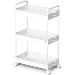 3 Tier Slim Rolling Storage Cart with Wheels Plastic Utility Cart Organizer for Snack Craft Art Postpartum Baby Diaper Nail Makeup in Bathroom Laundry Room Kitchen Bedside Narrow Space, White Rack Grey