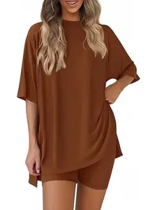 Women's Casual Round Neck Split Loose Shorts Sleeve Home Wear Set, Comfortable Loungewear for Daily Use