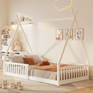 Twin Size Wood House Bed with Fence Guardrail, White Finish Childrens Bed Frame with Safety Rails, Montessori Style House Shaped Bed for Kids Room with Easy Assembly