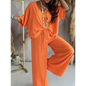 CasualSolidColorPantsSuit,HalfSleeveV-neckTopAndWideLegPantsClothing,Women'sClothingWomenswearBaggyOrangeBatwingLooseBasicMinimalistTangerine-Red
