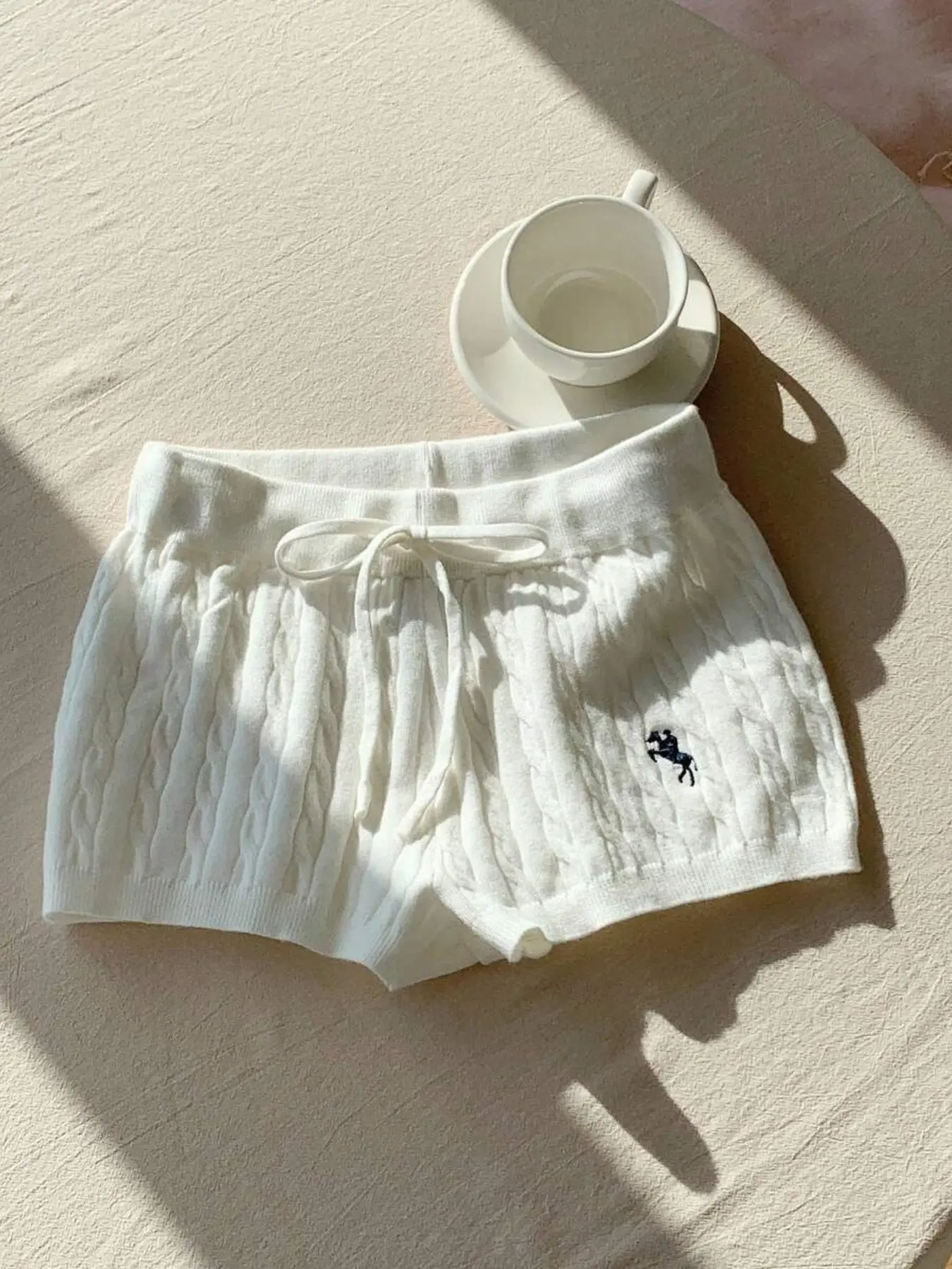 Soft Comfortable Embroidered Knitted Shorts, Fit, Drawstring Waist, Adjustable, Everyday Casual Style, All-Season Wear, Embroidery, Women's Daily Commute & Outdoor Clothing, Bottoms