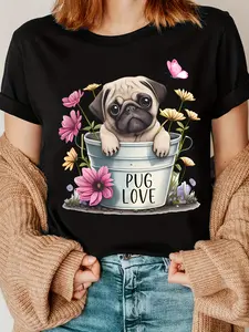 Pug And Floral Fun Print T-Shirt| Same Style for Men and Women,  Summer, Short-Sleeved, Printed, Pure 220G, Crew Neck, Regular Fit, Vintage Style