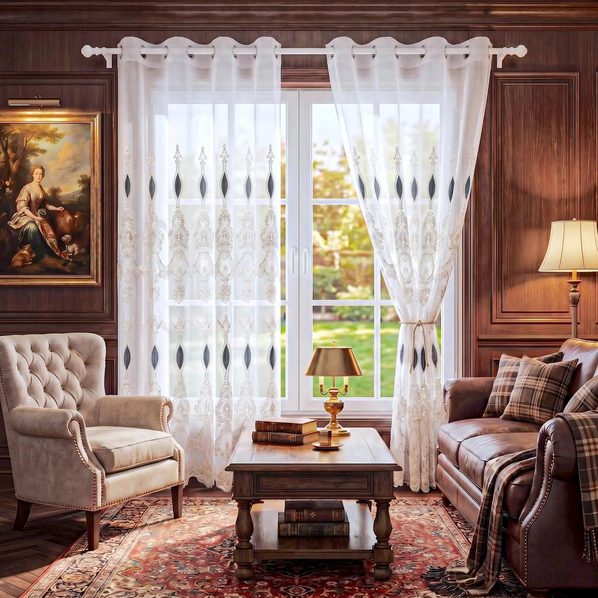 Luxury Embroidered Grommet Curtains (2-Panels, 52x84 in) - Wedding Fabric with Embroidery & Flocking, Plain Sheer Indoor Drapes, Privacy-Enhanced, Lightweight Premium Quality for Bedrooms/Living Rooms QF73