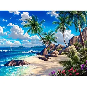Large Size Shiny Beach Scene DIY 5D Diamond Painting Set, Full Round Diamond Embroidery, Frameless Canvas Wall Art, Suitable for Home and Office Decoration, Diamond Painting Kit