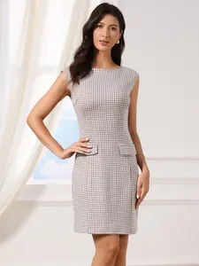 INSPIRE CHIC Houndstooth Dress for Women's Sleeveless Boat Neck Plaid Work Sheath Dresses Brown