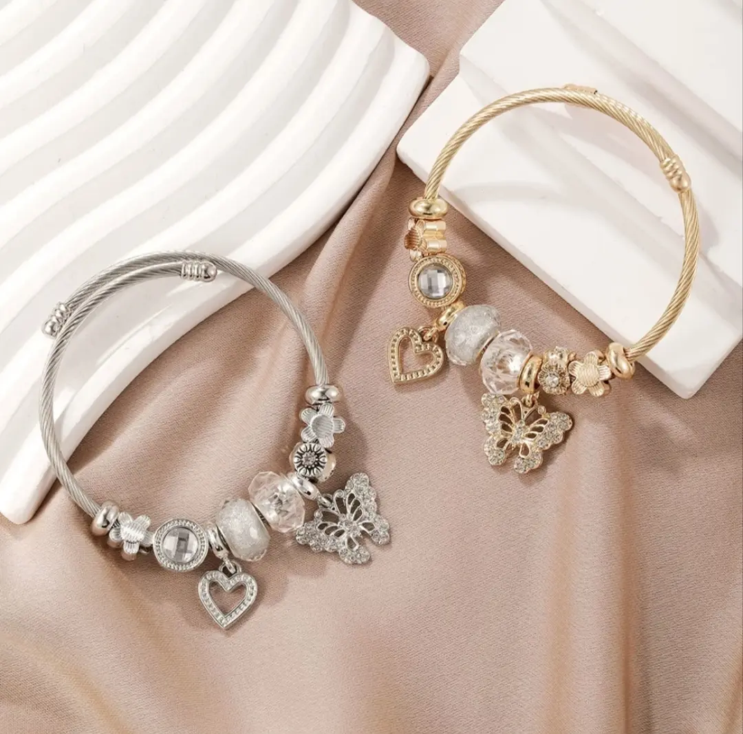 Women’s Crystal Accent Charm Bracelet - Gold/Silver Adjustable Bangle with Butterfly & Heart Charms, Jewelry for Women, Elegant Everyday Wear Gift
