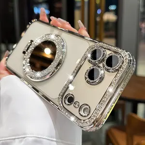Luxury Rhinestone Glitter Mirror Magnetic Holder Adjustable Protective Shockproof Cellphone Casing - Foldable, Compact Phone Accessory with Enhanced Protection for Smartphones