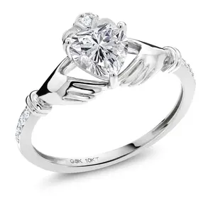 Gem Stone King 1.09 Cttw 10K White Gold IGI Certified Lab Grown Diamond Irish Celtic Claddagh Engagement Ring For Women | Center Diamond Heart Shape 1 Ct | D-E Color | VS1-VS2 Clarity