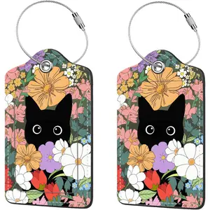 2 count Luggage Tags for Suitcases, PU Leather Cruise Ship Luggage Tags with  Cover Label Address Card and Durable Metal Ring Suitable for Men Women Handbags Backpacks,Flower Bushes and Cats