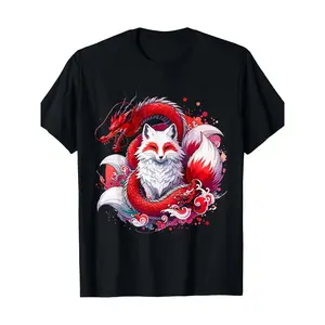 Nine-tailed Fox Kitsune Dragon Japanese 100% Cotton T-Shirt y2k  outfits  men time  tee  shirt  backwards demon slayer  merch double print oversize lightweight acid digital cadena  mr  stiven  Black Casual Summer Clothes Round Neck Menswear Top