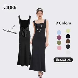 Cider Scoop Neckline Solid Bowknot Backless Maxi Dress Minimalist High Stretch Womenswear Summer Dealsforyou