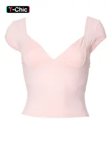 Women's Solid Feminine Sweetheart Neck Knitted Crop Tee, Casual Style Cap Sleeve T-Shirt for Outdoor Daily Wear, Ladies Summer Clothes, Summer Outfits 2024, Womenswear