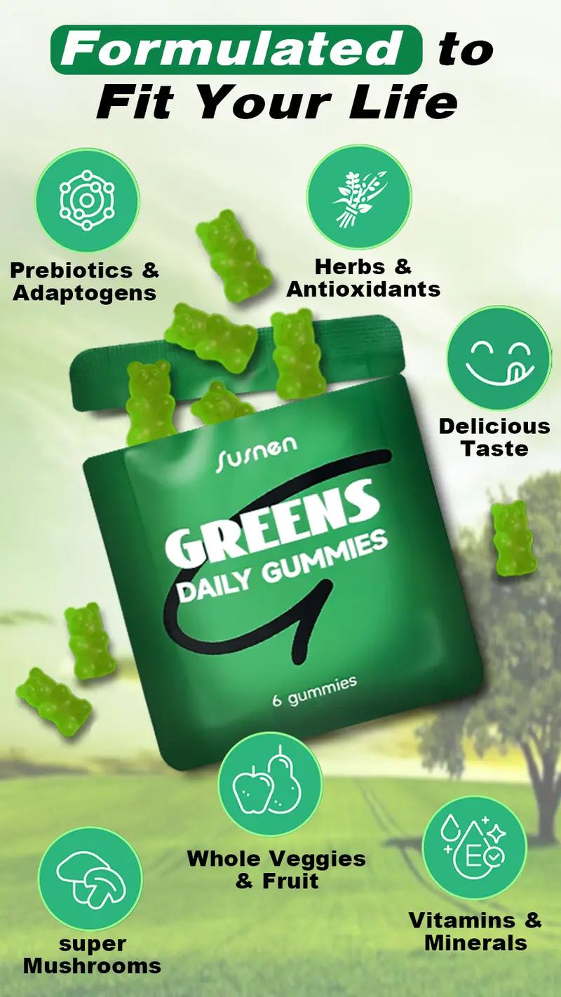 Susnen Greens Daily Gummies Multivitamin DailyWellness Supplement Green Apple 20+ in 1 Multivitamin with 20+ Nutrient-Dense Ingredients for Stress & Bone Support Healthcare Fitness-1