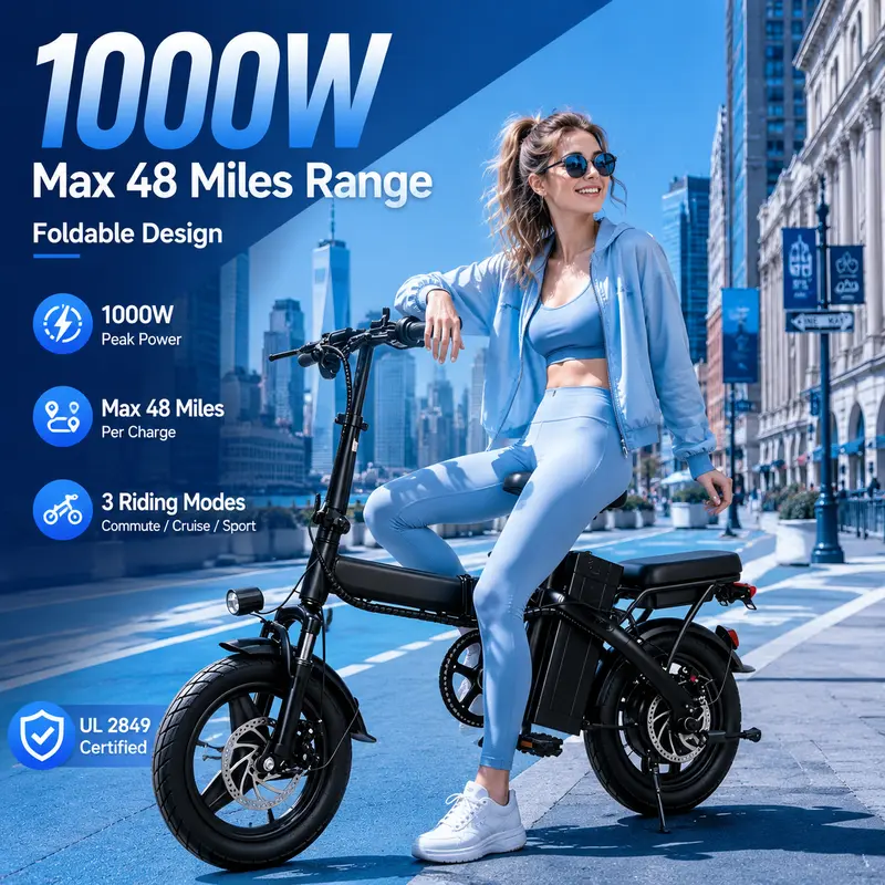 ASKMY Adult Folding Ebike - E14 Style, 1000W Peak Motor, 45 Mi Range, 14" Tubeless Tires, Dual Disc Brakes, UL Certified Puncture-Tested Rechargeable Battery, Lightweight Compact Urban Mobility Commuter Bike