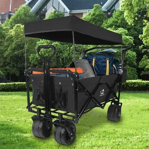 Foldable Wagon with Removable Canopy and Cooler Heavy Duty Collapsible Utility Cart with All Terrain Wheels for Camping Beach Garden Picnic Outdoor Family