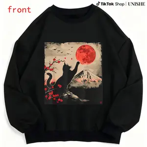 Retro Japanese Art Sweatshirt with Black Cat Long Sleeves Womenswear Prints