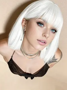 White wig Short straight wig with fringe style Synthetic high-temperature resistant fibers Adjustable rose net cap Suitable for daily wear / Gift for ladies / Party gatherings - 10 inches