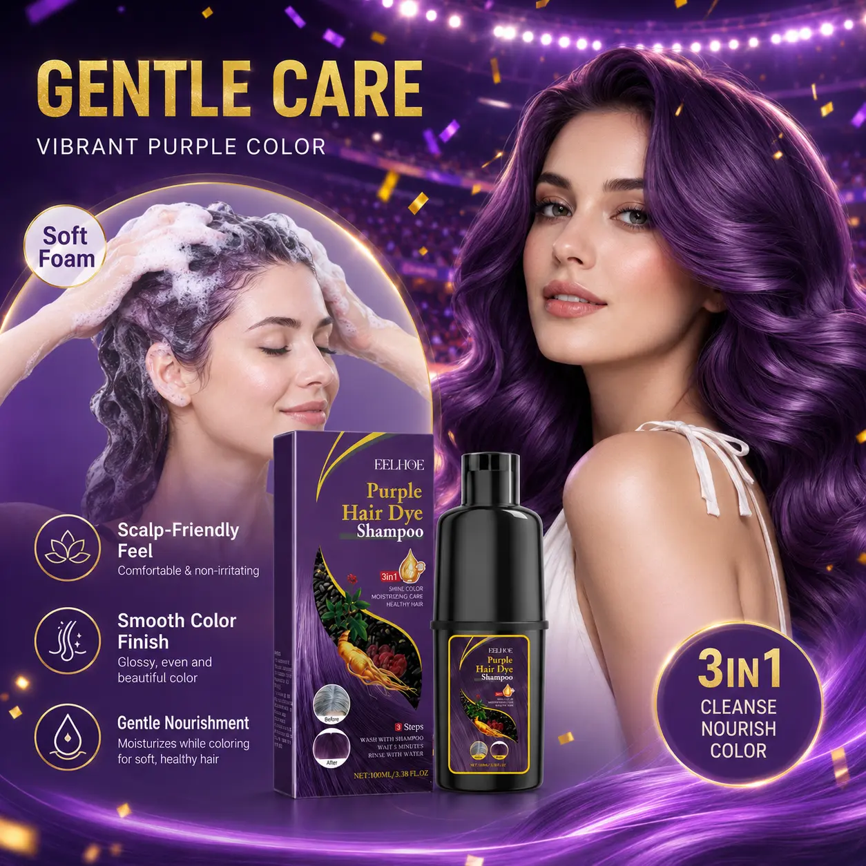 Purple Hair Dye Shampoo 3-in-1 for Vibrant Color - Color Depositing Shampoo with Plant-Based Formula for Gray Coverage, Nourishing & Repairing Hair Care for Glossy Shiny Finish, Easy At-Home Hair Color for Men Women, Perfect Gift Idea