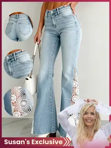 【Susan's Exclusive】american Vintage Lace Patchwork Boho High-Waisted Flare Jeans, Loose-Fitting Floral Pattern, All Seasons