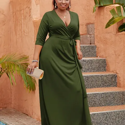 Plus-Size Wrap-Style V-Neck Maxi Dress with 3/4 Sleeves, Elegant Solid-Color Design, Tie Waist and Draped Detail Dress for Weddings, Vacations, Beach and Parties