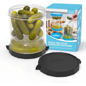 Pickle and Olives Jar Container with Strainer Flip, Leak-Juice Separator Hourglass Food Saver Container (Transparent Black)