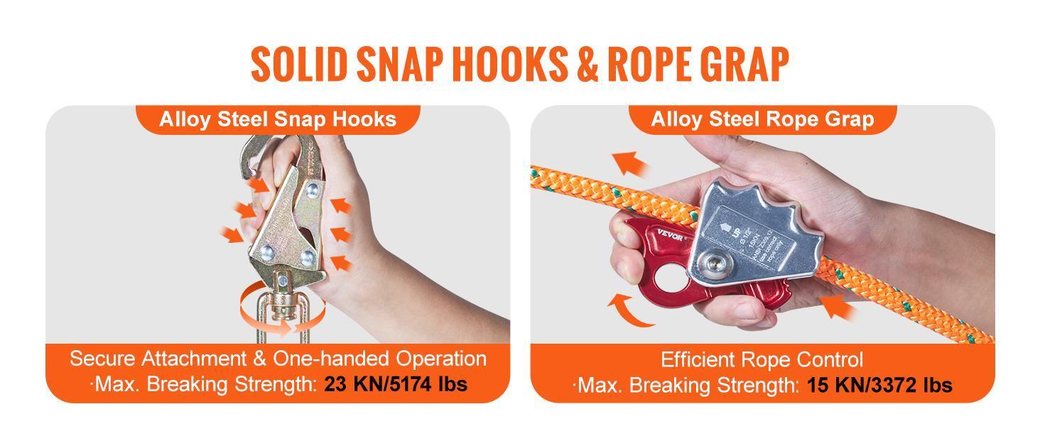 VEVOR Steel Core flipline, 1/2" x 8' Arborist Flipline, Flip Line for Tree Climbing with Alloy Steel Snap Hook, Aluminum Alloy Carabiner and Extra Tool Lanyard, for Arborist, Tree Climbers