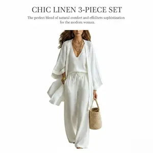 Summer loose cotton and linen medium and long nine-quarter-sleeved cardigan sleeveless vest trousers casual three-piece set for women