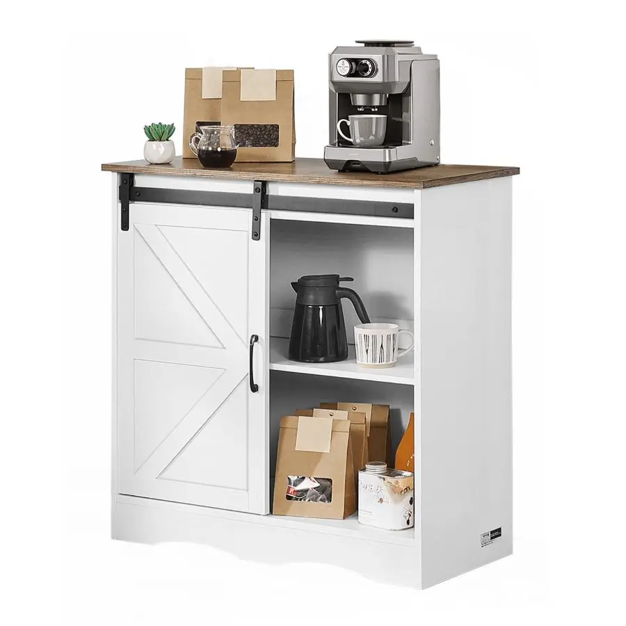 【DealsForYouDays】【DealsForYouDays】Father's Day Gift White Farmhouse Coffee Bar Cabinet - Sideboard with Storage, Buffet Stand Organizer with 2 Barn Doors & 1 Drawer, Coffee Bar Table for Living Room, 29.5x14.7x31.5in