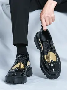 Men's Fashionable Classic Lace Up Wingtip Dress Shoes, Casual Comfortable Round Toe Shoes for Daily Wear, Male All-match Shoes for Daily Wear, Boy, Rubber