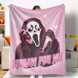 Ghostface Pink Halloween Flannel Blanket Spooky Scream For Me Print Ultra Soft Fleece Throw for Movie Night Horror Aesthetic Room Decor Creepy Cute Gift for Girls Heavyweight Warm Nap Blanket Pink Slotted Grid Ghost Throw Travel Dorm Essential