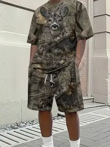 Men's 3D digital print two-piece set, summer men's jungle deer print set, outdoor camouflage style short-sleeved shirt and shorts two-piece set, trendy casual two-piece set, lightweight and breathable sporty casual style, the perfect holiday gift for men.