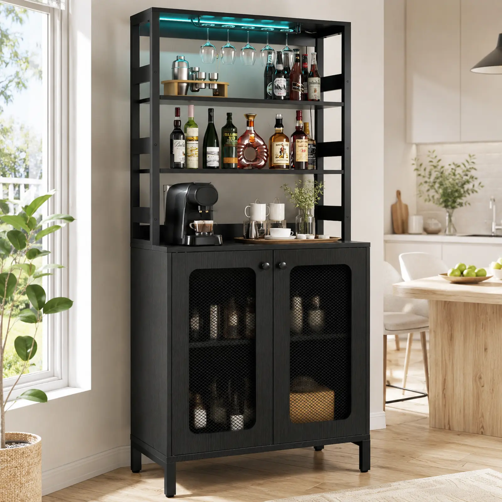 67" Tall Bar Cabinet with Power Outlets & LED Lights, Wine Liquor wooden Cabinet Coffee Bar Station with Glass Holder