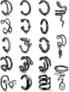Trendy 18 Pcs Black Adjustable Ear Cuff Multipack for Women Men Unisex Delicate Copper Crafted Clip-on Ear Ornaments Ergonomic Wrap Style Various Helix Cartilage Positions Simple Elegant Design Fits Daily Matching Personalized Ear Aesthetics